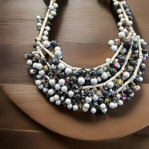 Aurora Borealis Beads Necklace Gray Black Beads 3 Strand Choker Silver Spacers